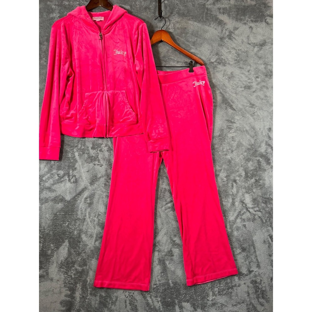 JUICY COUTURE Velour Tracksuit Womens XL Pink Bling Hoodie & Pants Y2K Style